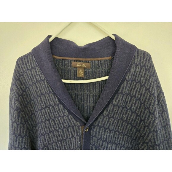 Vintage Tasso Elba Cardigan Mens L Zig Zag Geometric Grandpa Sweater Pocket Blue - Picture 2 of 7